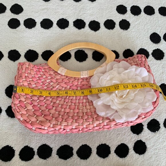 Vintage 80s 90s Wicker Straw Purse Handbag Clutch Pink Flower Wood Top Handle - Picture 9 of 11